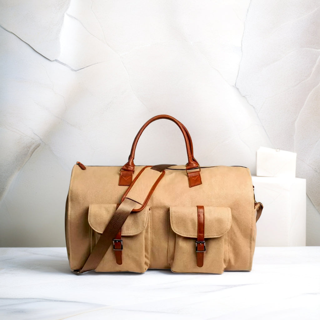 Borsa da viaggio in tessuto Oxford beige con dettagli marroni, capiente e resistente