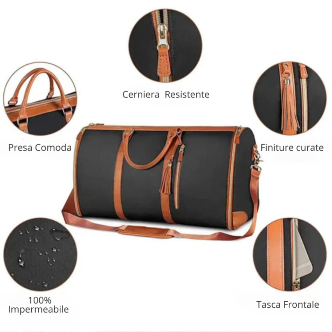 Interno della borsa da viaggio nera con scomparti intelligenti per una perfetta organizzazione