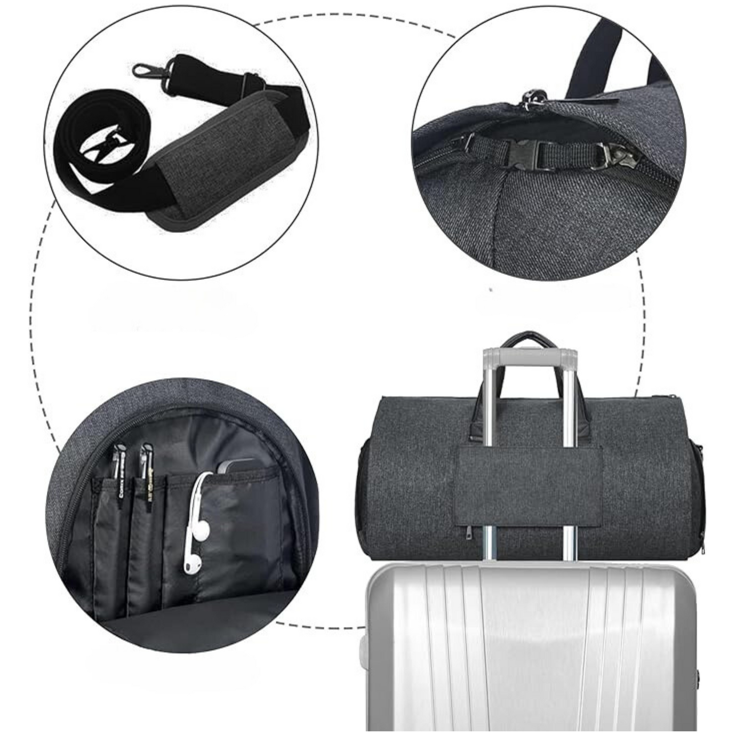 Borsa da viaggio grigia con fascia posteriore per aggancio al trolley, ideale per viaggi frequenti