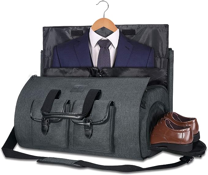 Borsa da viaggio grigia con scomparto porta abiti, ideale per trasportare giacca e camicia senza pieghe