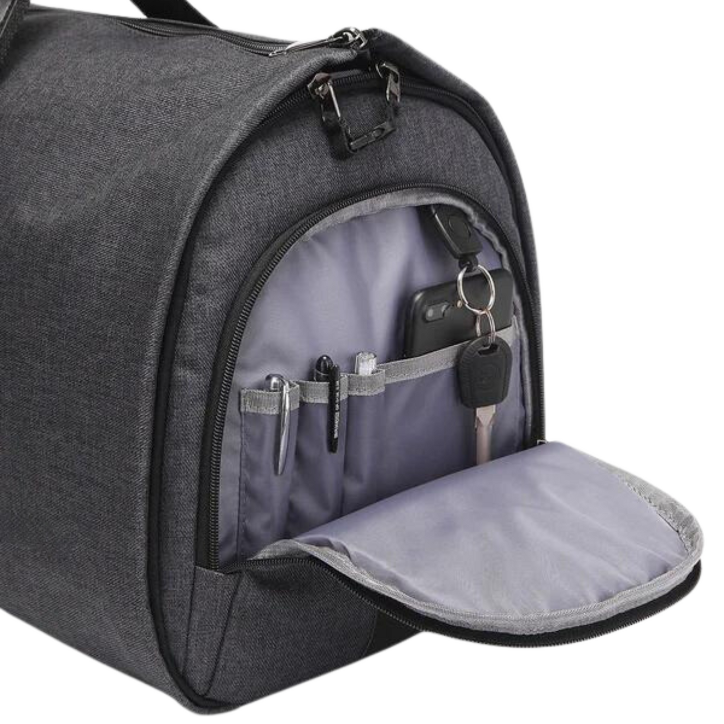 Borsa da viaggio grigia con tasche extra per dispositivi elettronici, documenti e oggetti personali