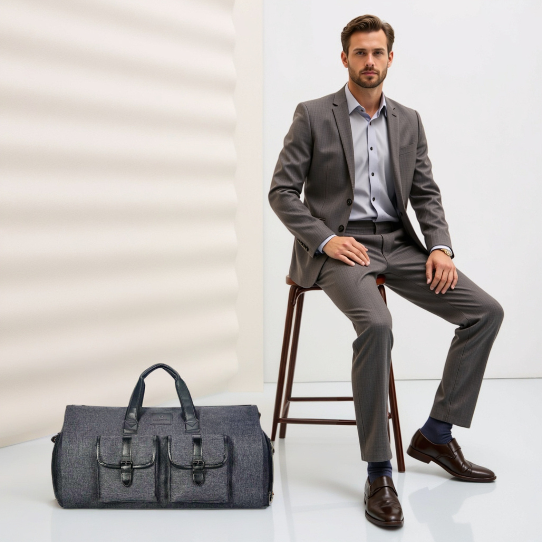 Borsa da viaggio grigia abbinata a un look elegante, perfetta per viaggi e weekend