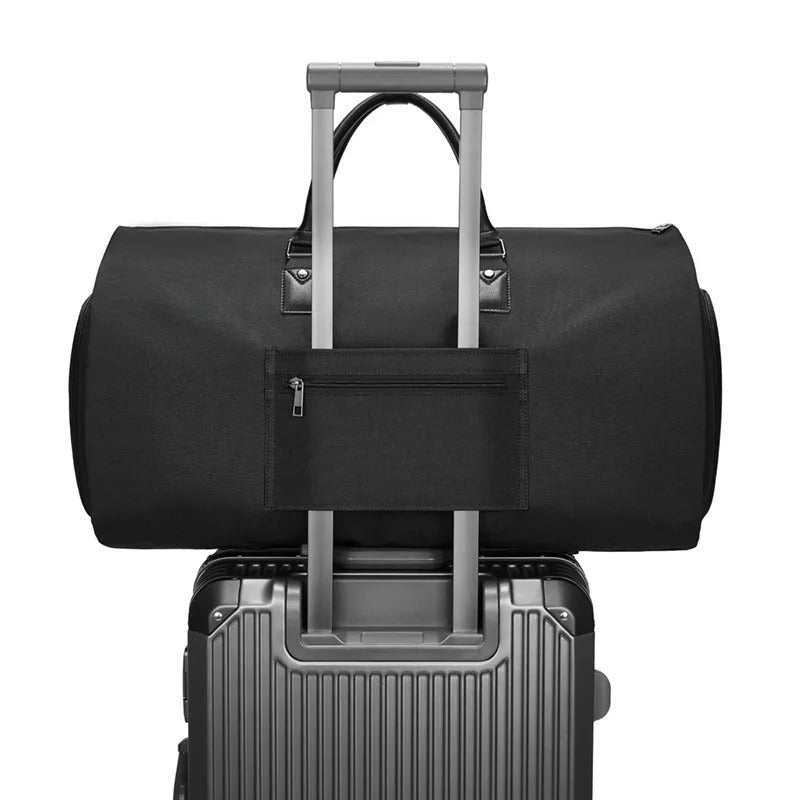 Borsa da viaggio nera con aggancio posteriore per trolley, ideale per viaggi