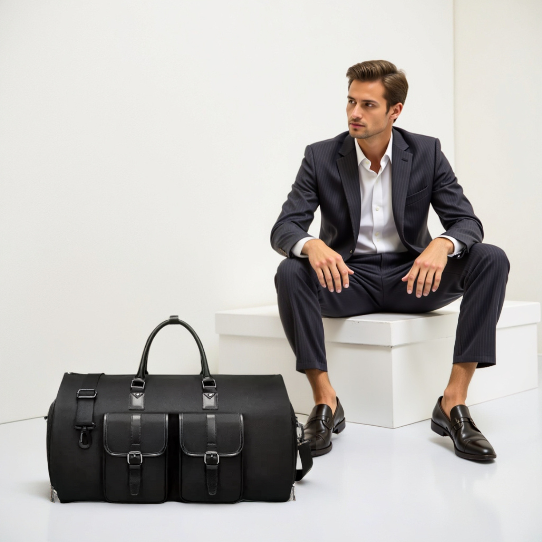 Borsa uomo da viaggio nera abbinata a un look elegante, ideale per viaggi
