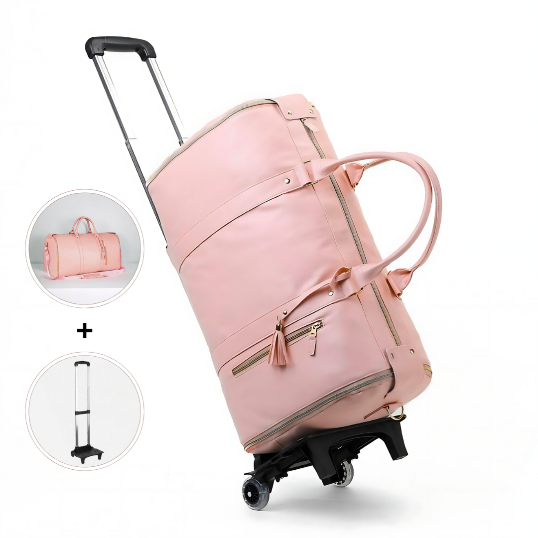 Borsa da viaggio rosa trasformata in trolley con ruote per un trasporto più comodo