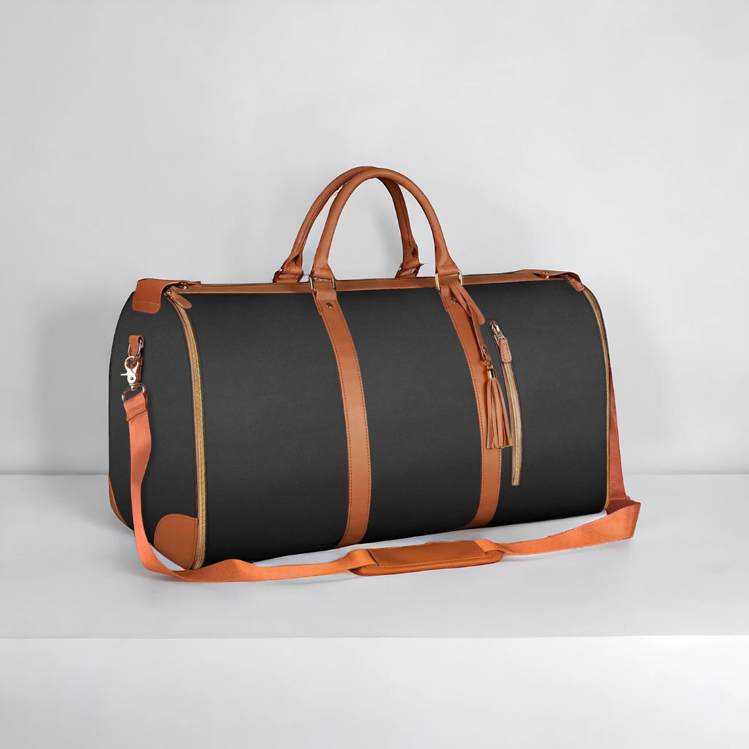 Borsa da viaggio in pelle nera con dettagli marroni e tracolla regolabile