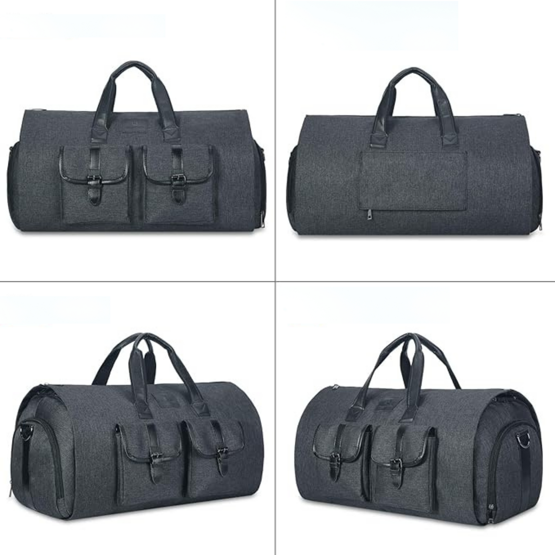 Borsa da viaggio grigia con diverse angolazioni, perfetta come bagaglio a mano in aereo