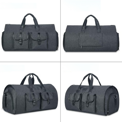 Borsa da viaggio grigia con diverse angolazioni, perfetta come bagaglio a mano in aereo